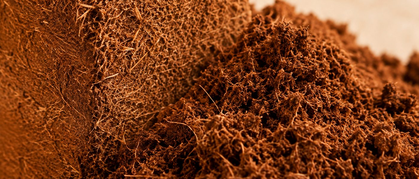 Close detail of a compressed coir pith face beside loose pith, showing fibre, particles and the compressed structure.