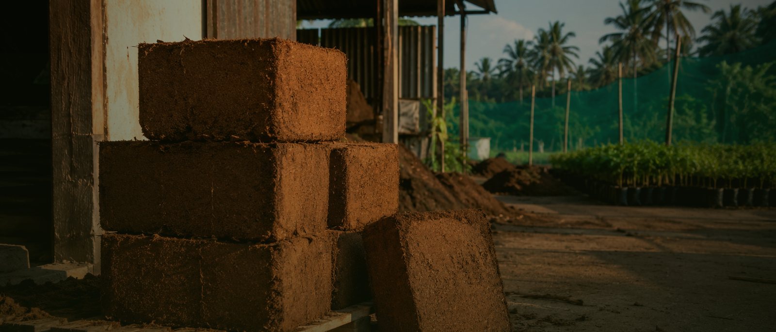 Compressed blocks stacked in an open yard in South India, coconut palms and nursery rows beyond, in late afternoon light.