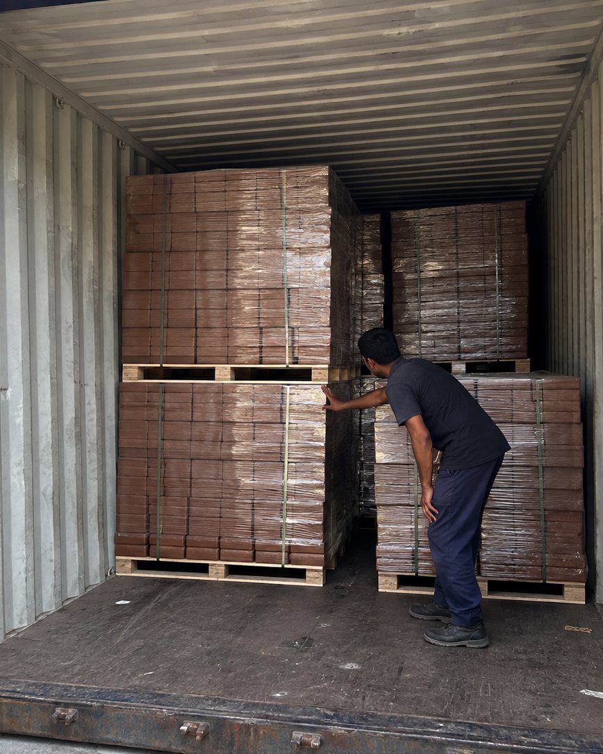 The interior of a container part-loaded with pallets of compressed blocks, a worker checking the stow.