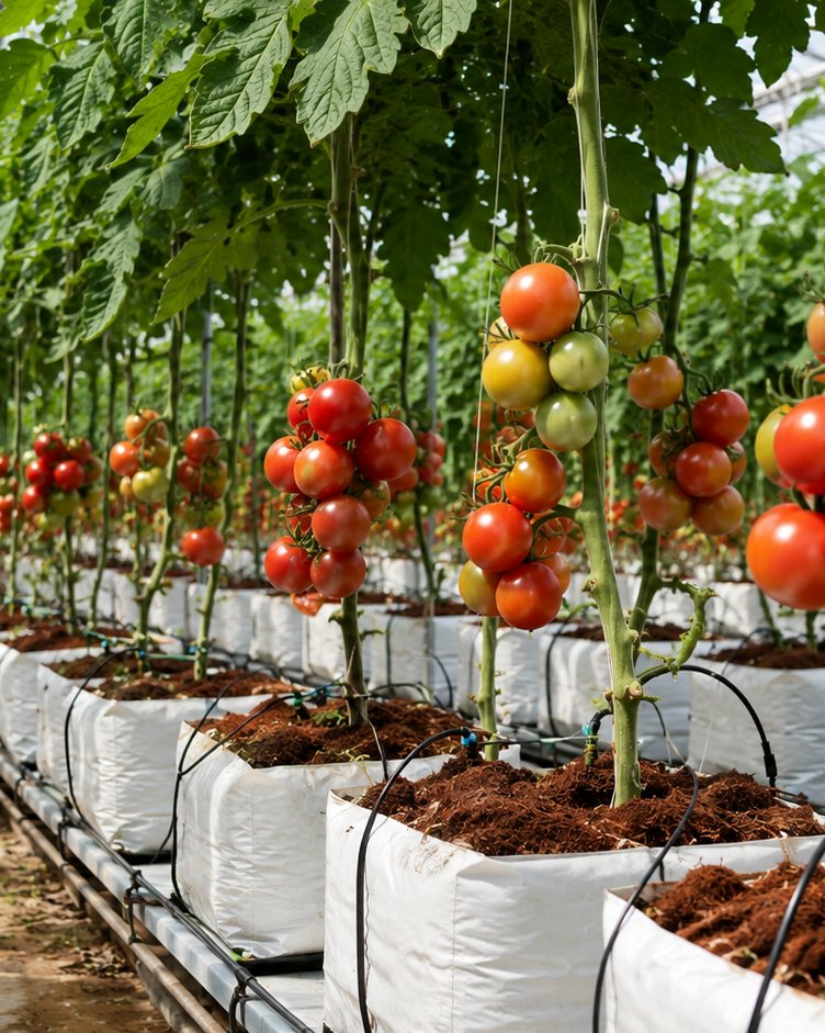 A glasshouse row of tomatoes growing in white coir bags with drip lines along the base.