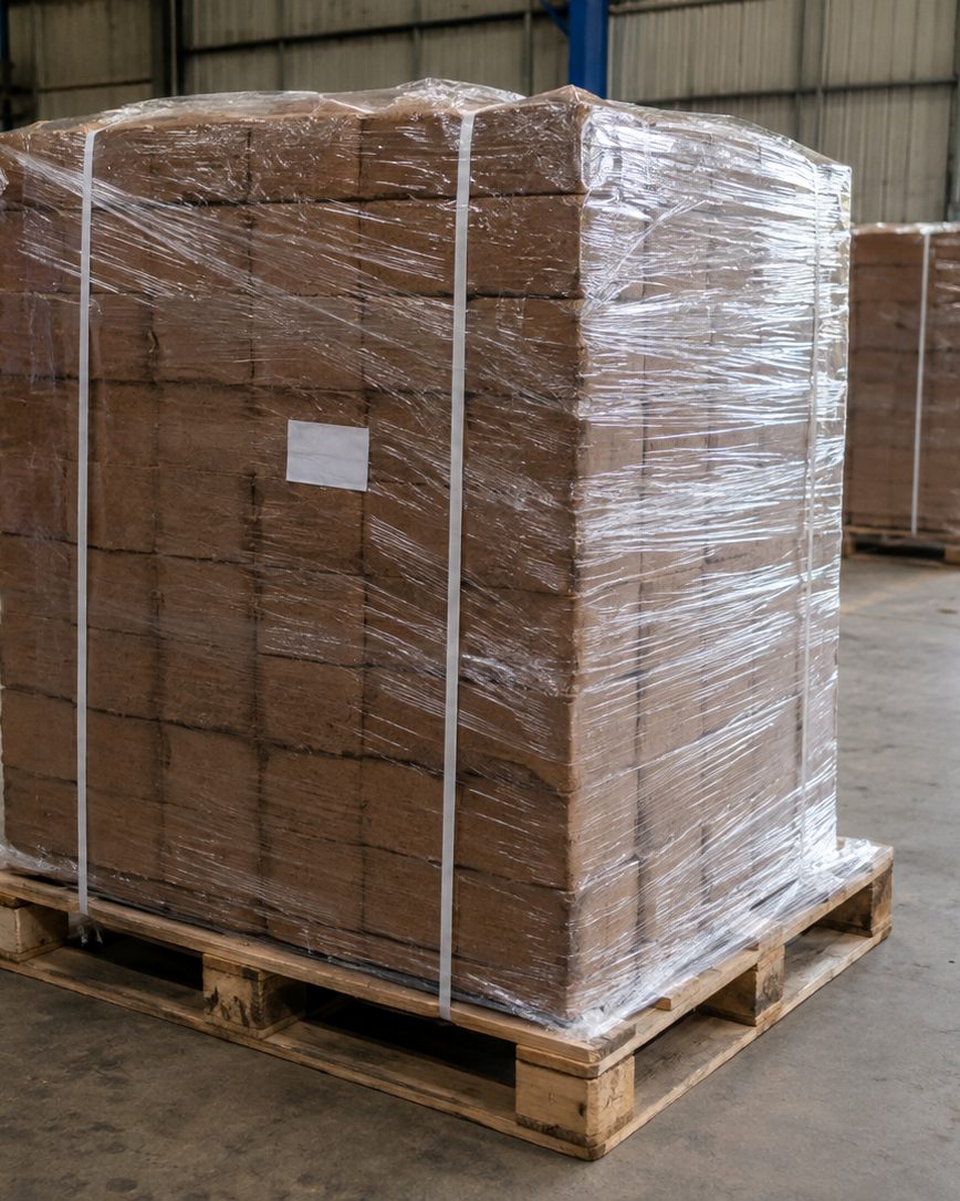 A finished export pallet of compressed blocks, shrink-wrapped and strapped, ready for loading.