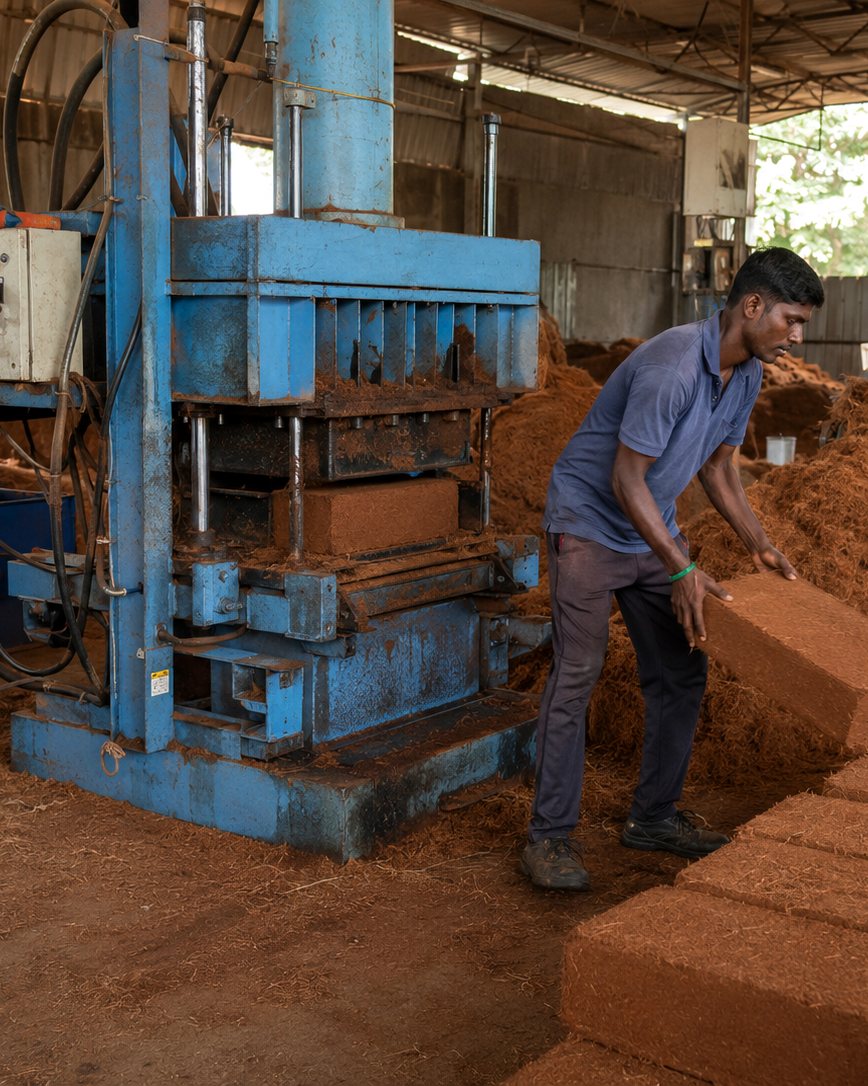 Workers operating a hydraulic block press at a partner processing unit in South India.