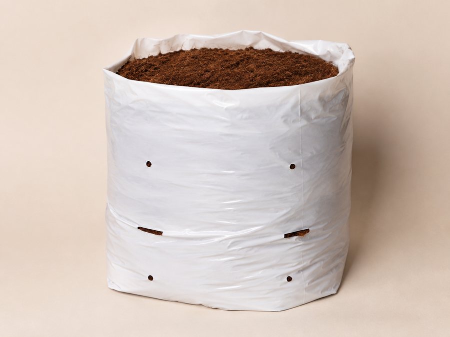 A white open-top grow bag filled with coir pith.