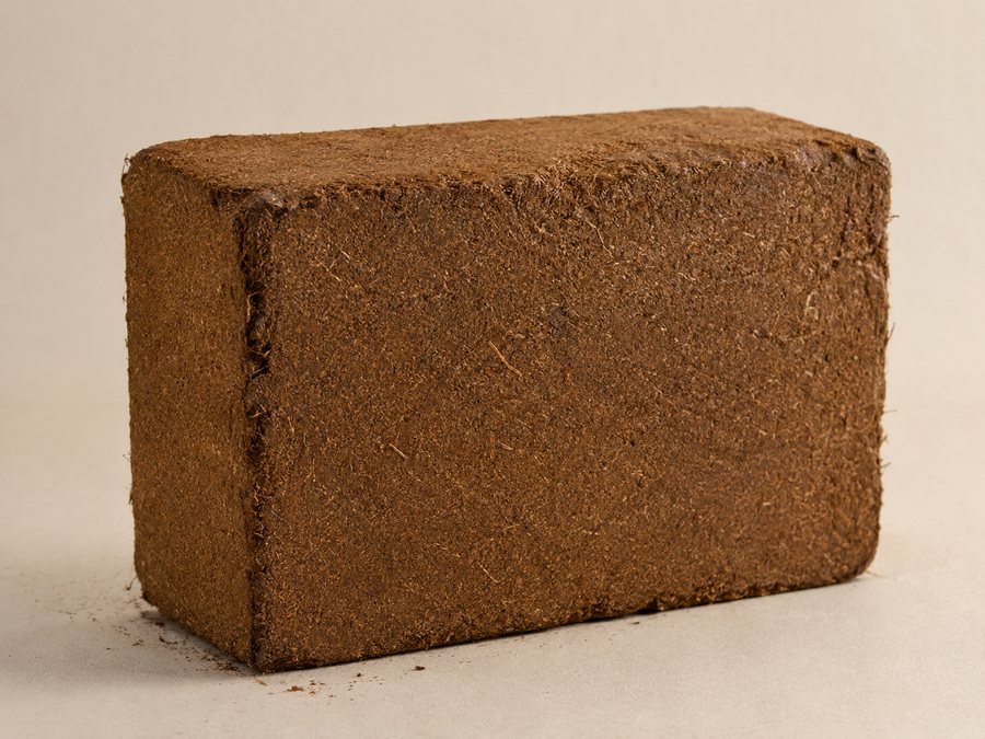 A 5 kg compressed coir pith block in three-quarter view.