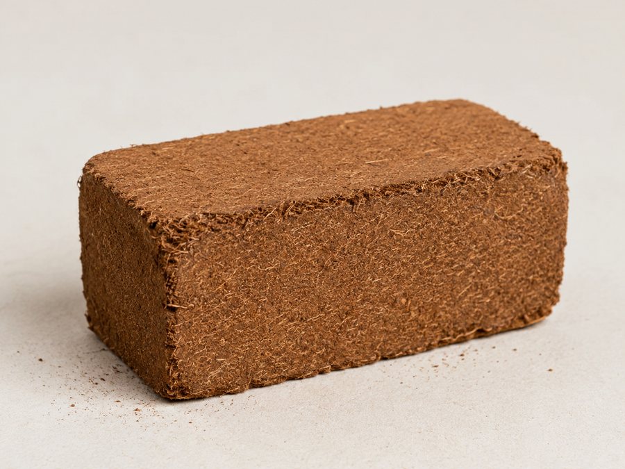 A 650 gram compressed coir pith briquette.