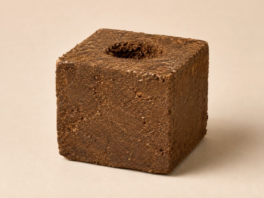 A compressed coir pith cube with a planting hole formed in its top face.