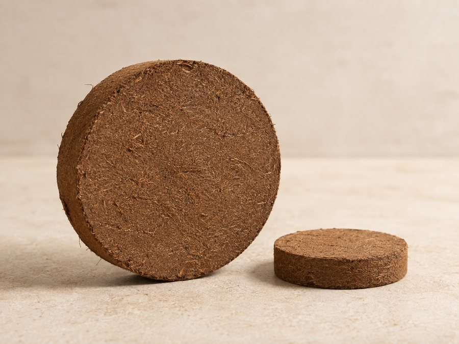 A large compressed coir pith disc beside a smaller one.