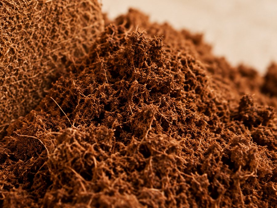 Loose screened coir pith at close range, showing fibre and pith particles.
