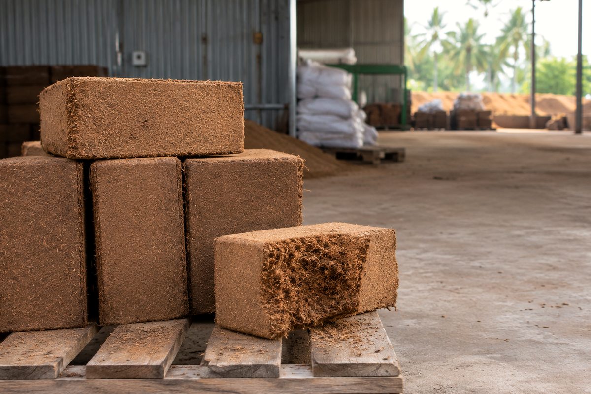 Compressed blocks stacked on a pallet at a partner processing unit, dry and intact before loading.