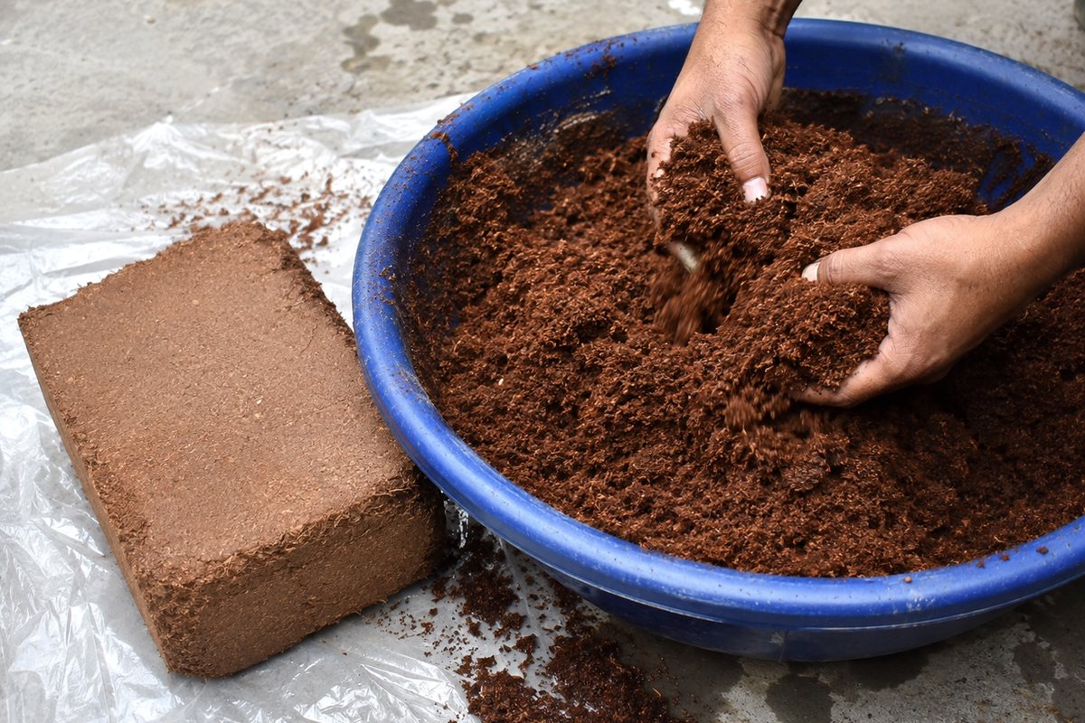 A block beside a basin of wetted coir pith, hands breaking the material apart as it takes up water.
