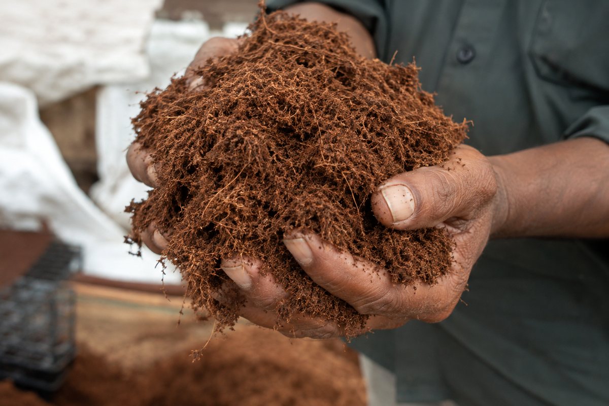 Two hands holding a double handful of fully expanded coir pith, open and fibrous.