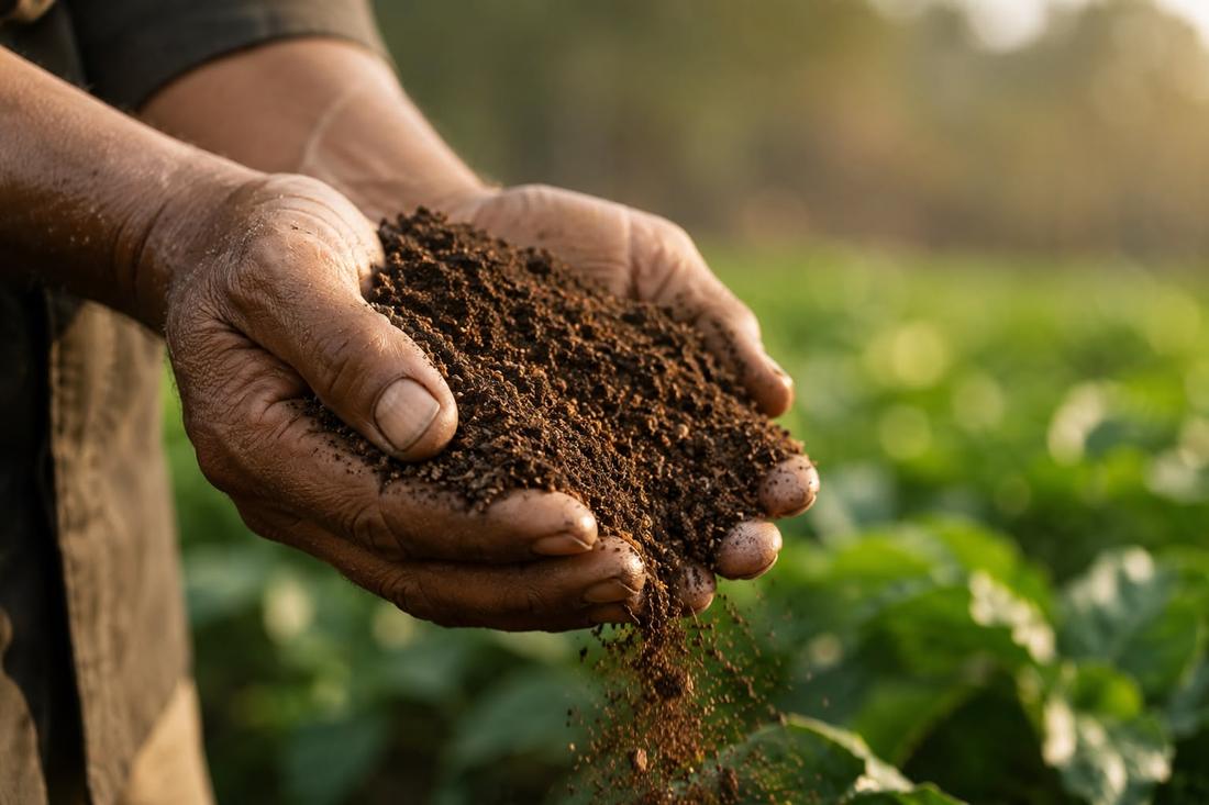 Weathered hands holding rich dark soil over a green field