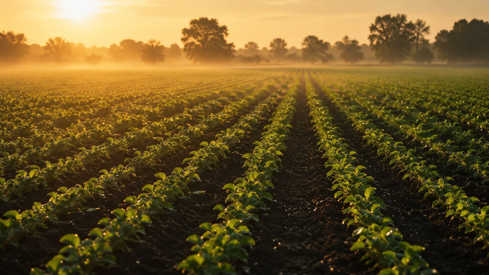 Green crop rows at dawn
