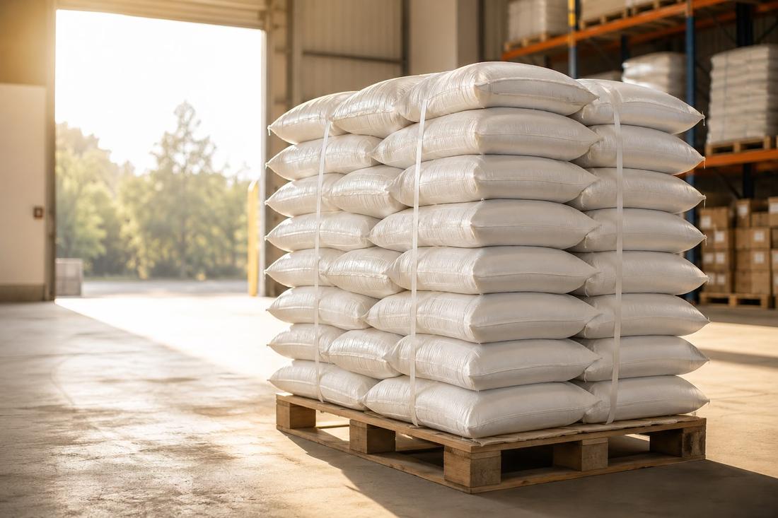 A neat pallet of white export sacks in a bright warehouse