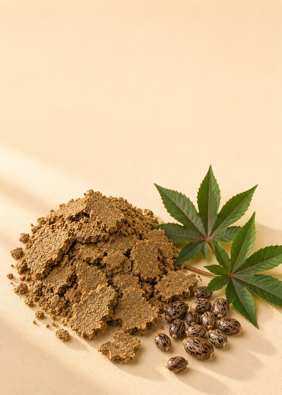 Castor de-oiled cake with speckled castor beans and palmate leaves