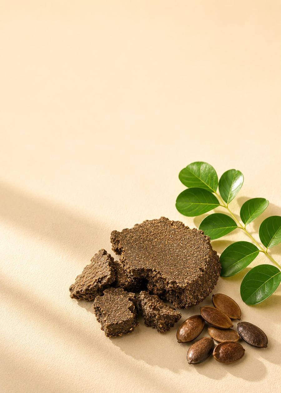 Karanja cake with rounded glossy pongamia leaves