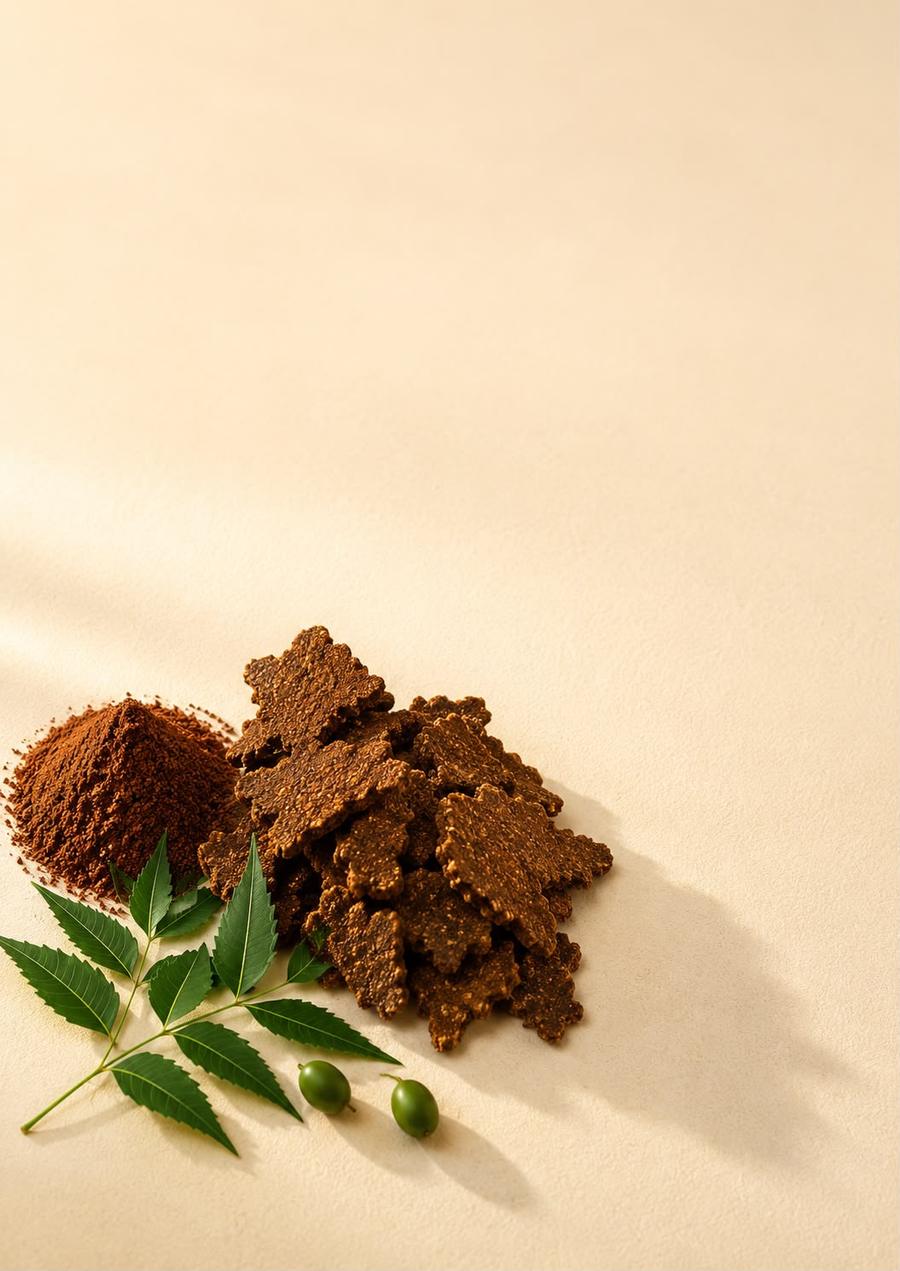 Neem cake powder with fresh neem leaves and fruit
