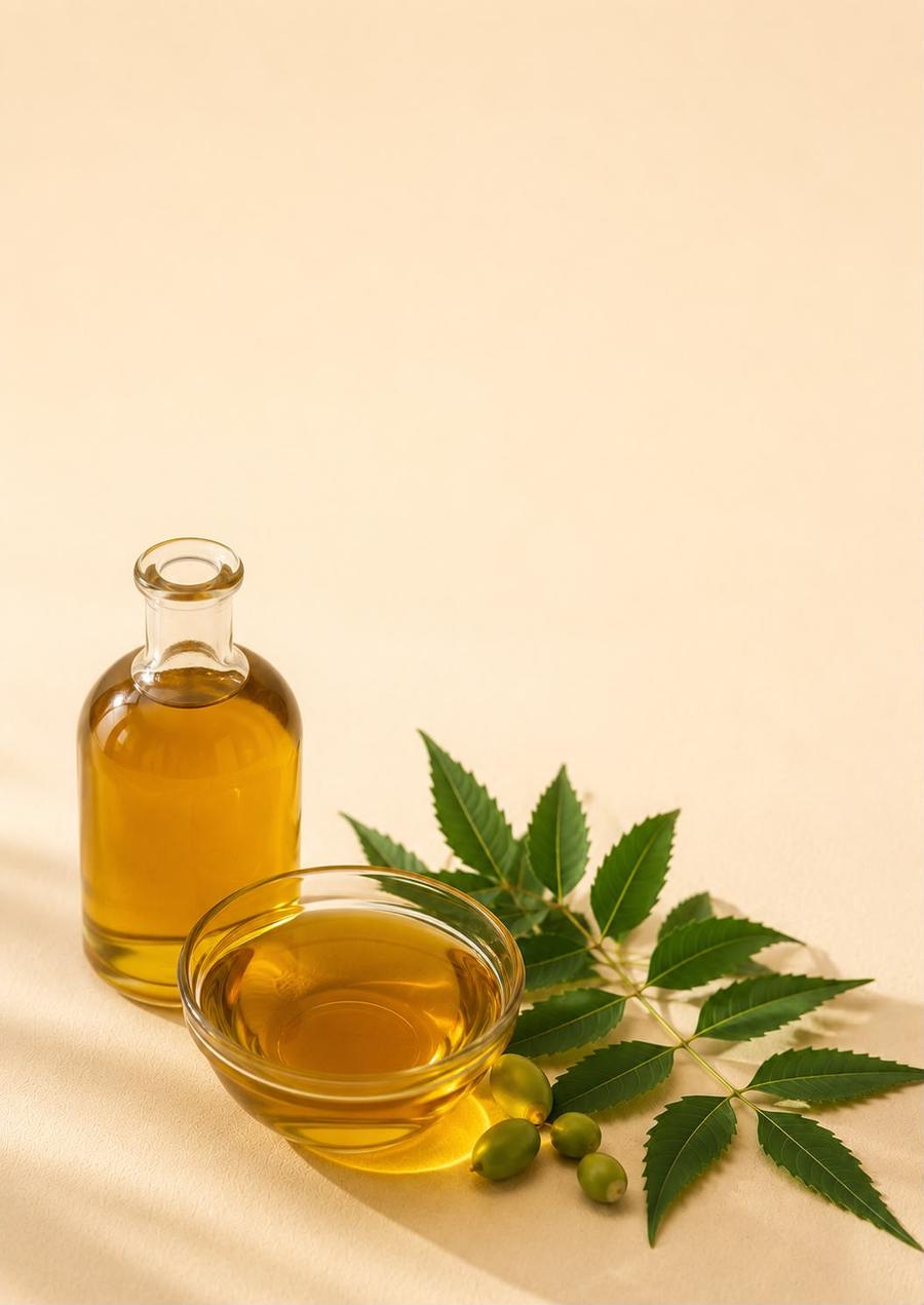 Golden cold-pressed neem oil in glass with neem leaves