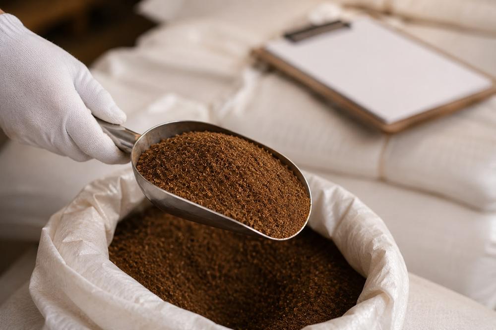 A gloved hand sampling oil-cake with a steel scoop